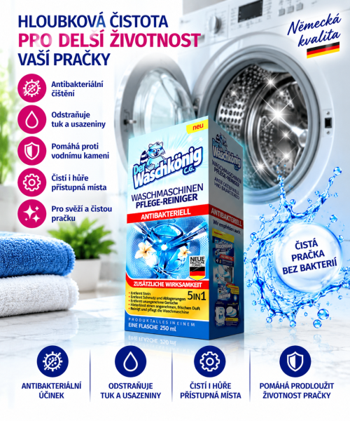 Waschkönig antibakteriální čistič pračky – 250 ml
